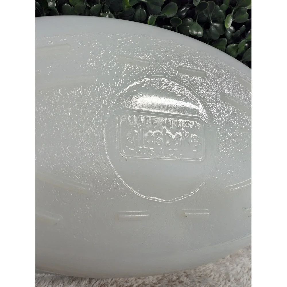 Vtg Glasbake Currier & Ives Blue Steamboat Milk Glass Oval Casserole Dish w/ Lid